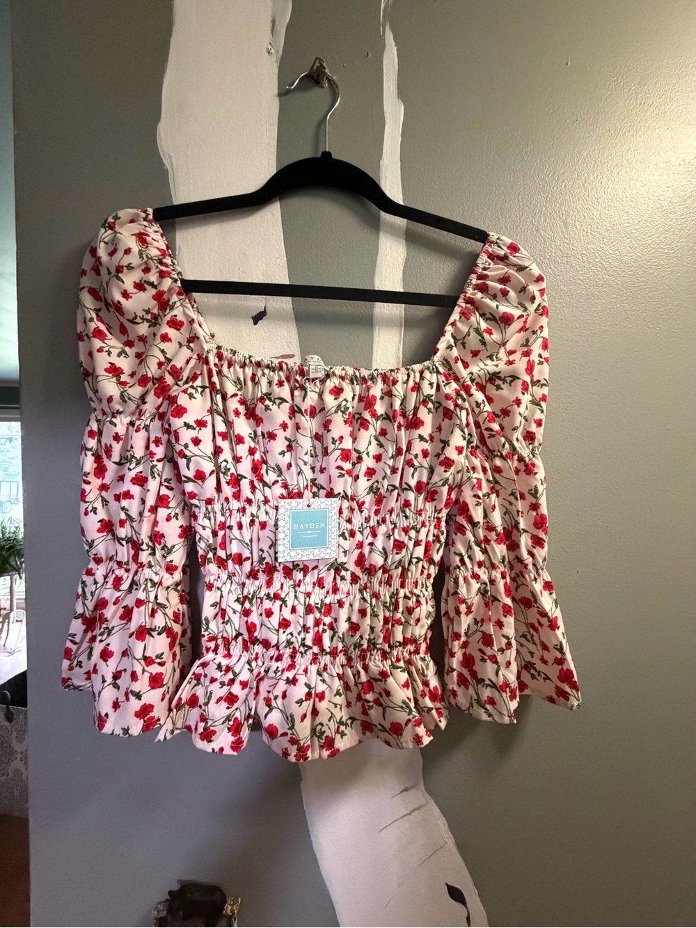“Lime Lush” Floral Smocked Square-Neck Blouse in White with Red Floral Print